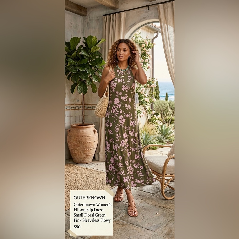 Outerknown Women’s Ellison Slip Dress Small Floral Green Pink Sleeveless Flowy